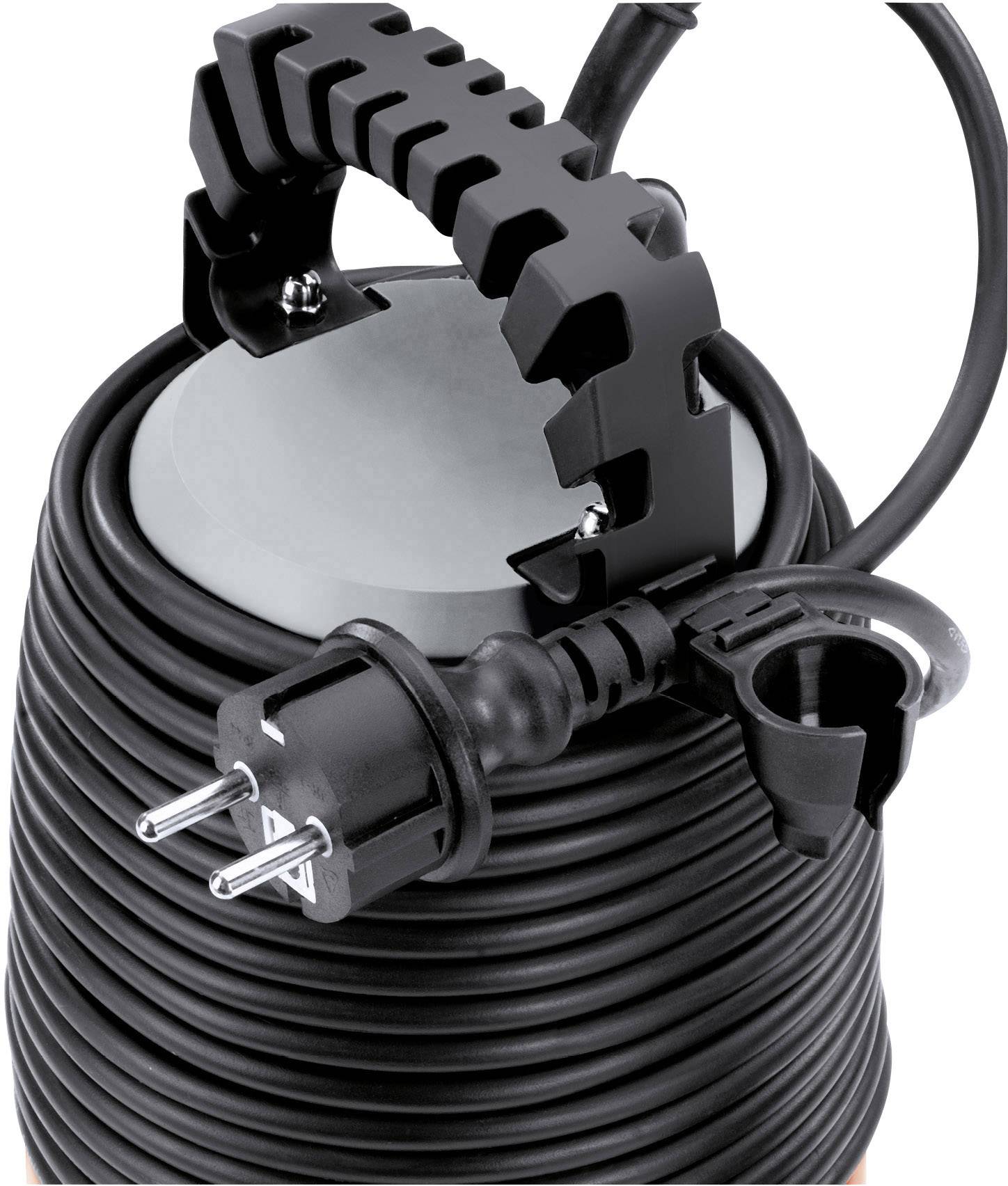 A coiled extension lead with plug and carry handle, ready for use in an electrical environment.