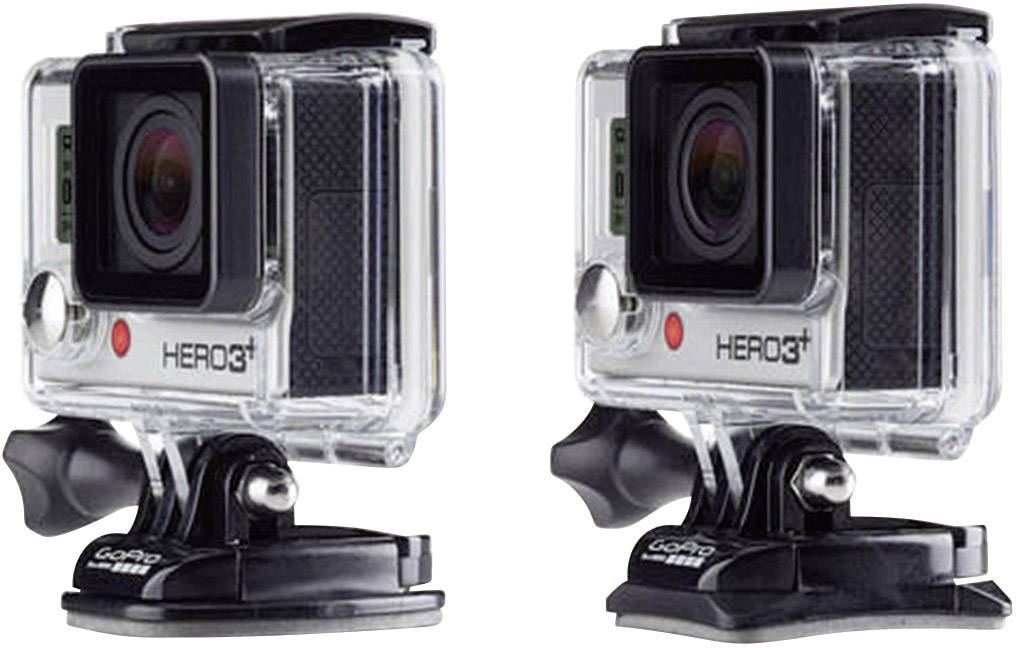 Two action cameras in transparent housings, mounted on black stands, positioned side by side.