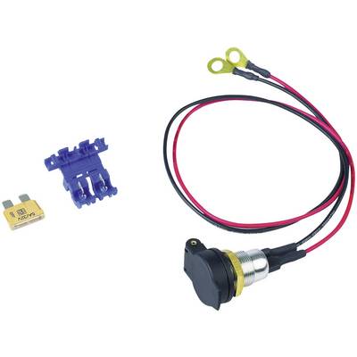 The figure shows a toggle switch with red and black cables, a blue mounting bracket, and a yellow fuse.