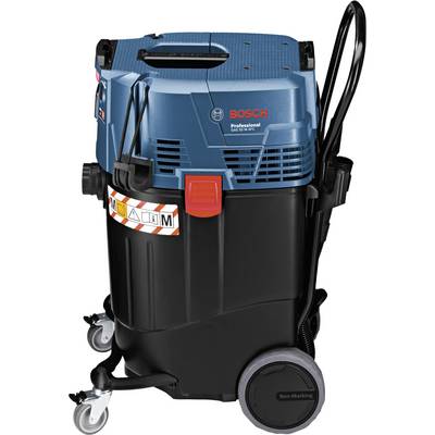 Bosch industrial vacuum cleaner, blue and black, mounted on wheels, with a red switch and warning symbols. Cleaning equipment for professional use.