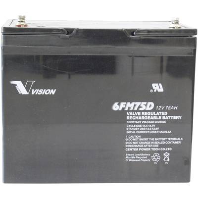 A black battery with the inscription '6FM75D 12V 75Ah', suitable for valve-regulated and rechargeable applications.