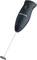 Black electric milk frother with a long, slender stainless steel wand and rotating whisks. Perfect for cappuccino or latte.