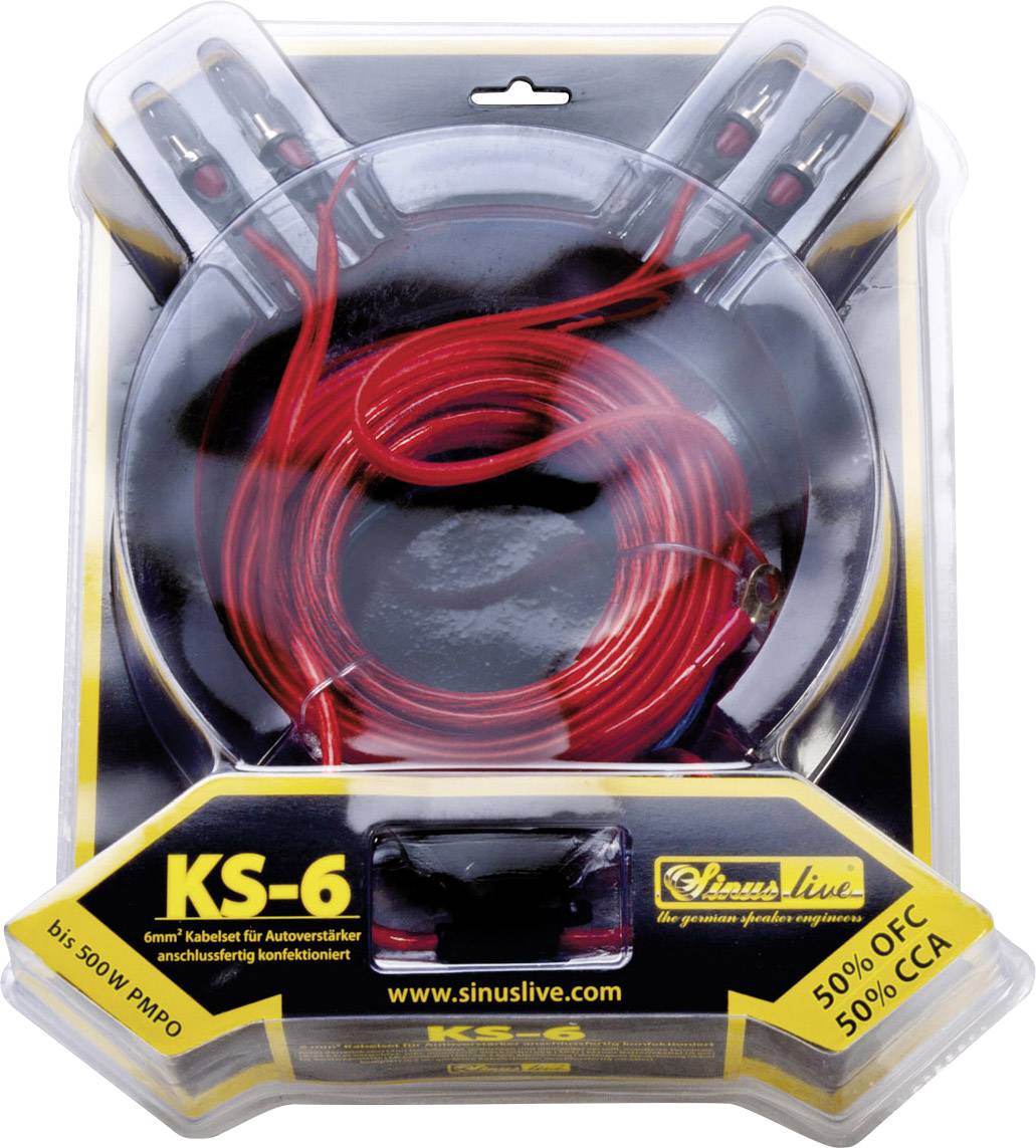 Packaging for a Sinuslive KS-6 cable set with red cables for amplifier installation, 50% OFC, 50% CCA, 6mm², up to 500W PMPO.