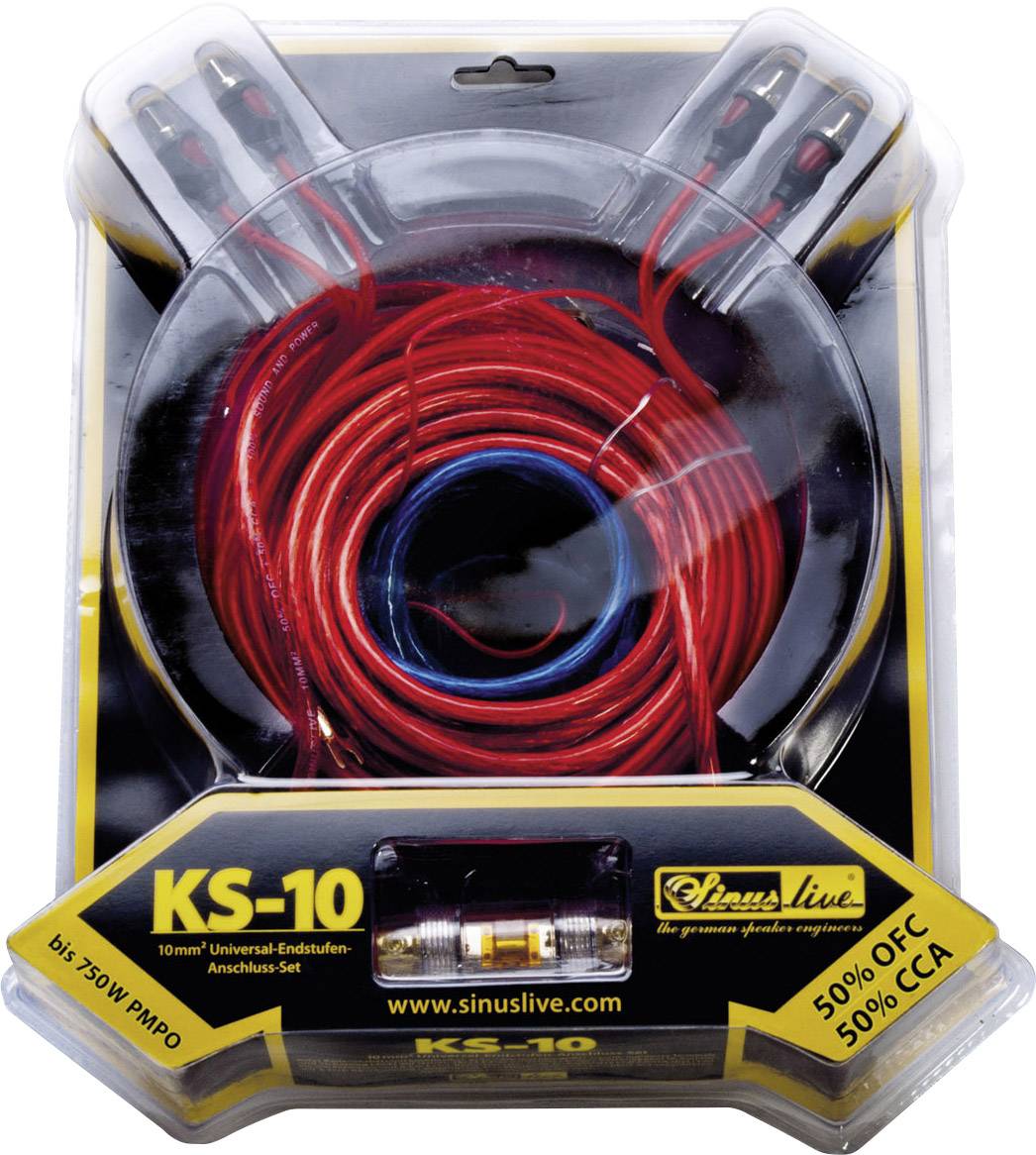 Product image of a Sinuslive KS-10 cable set. Contains red cables, suitable for up to 750 watts PMPO, 10 mm² cross-section, 50% OFC. Packaging shows brand and description.