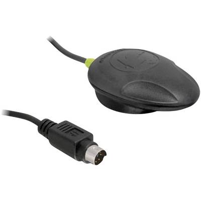 'A black GPS receiver with cable and plug connector.'