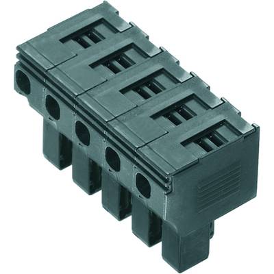 Black electrical terminal block with five connection slots, suitable for connecting multiple wires in a circuit.