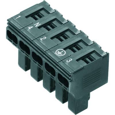 'Black electrical terminal block with six numbered terminals, one of which has an earthing symbol. Numbering: 1, 4, N, 2, 3.'