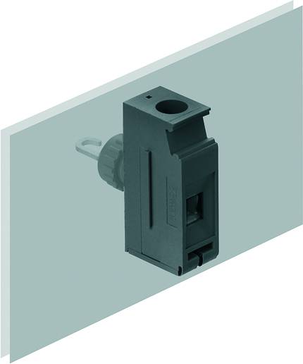 A black electrical connector is attached to a grey surface. It has a rectangular body and appears to be insulated.