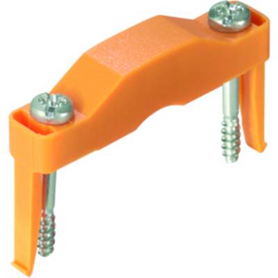 Orange plastic cable clip with two integrated screws, for securing cables to walls or surfaces.