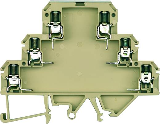 Electrical terminal with five vertically arranged connection points, symmetrically positioned. Beige housing with metallic contacts.
