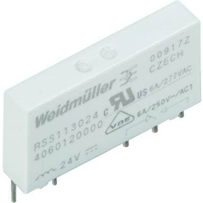 Weidmüller relay with inscription: 'RSS113024C', 'US6A/277VAC', '6A/250V~AC1', 'CZECH'. White surface with connection pins.