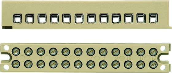 'Ivory-coloured power strip with 12 sockets and screw terminals, numbered from 1 to 12'