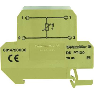 Yellow Weidmüller module DK PT100 with electrical switching symbols and serial number 8014720000, suitable for TS 35 mounting.