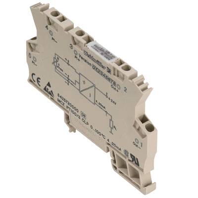 Electronic component with labelling, showing switching symbol and CE marking. Beige plastic casing with connections at the top and bottom.