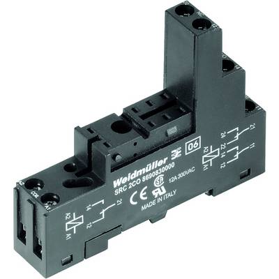 A black Weidmüller relay socket SRC 2CO with model numbers and electrical specifications printed on it.