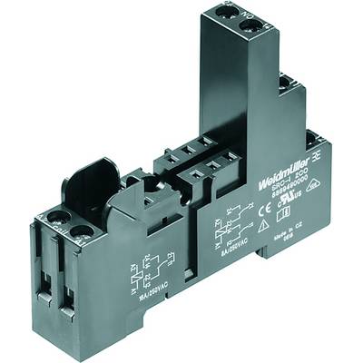 A black electrical switch by Weidmüller with multiple connections and technical specifications on the surface.