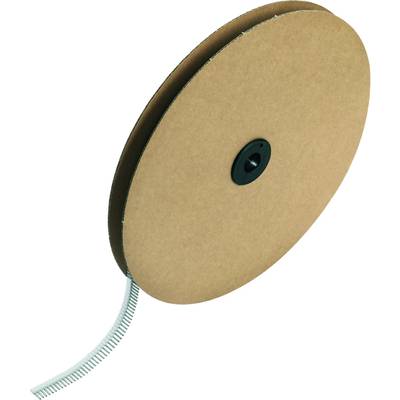 A large brown cardboard spool with a rolled-up metal tape protruding from one side.