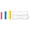Three coloured cable connectors (red, blue, yellow) next to a technical drawing with dimensions L and D. Different sizes and colours.