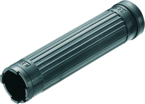 A elongated, ridged black cylinder, possibly a handle or pipe, with numbers embossed on the ends.