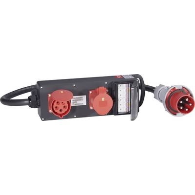 Black distribution box with various red sockets and a red plug. A label reads 'Check voltage'.