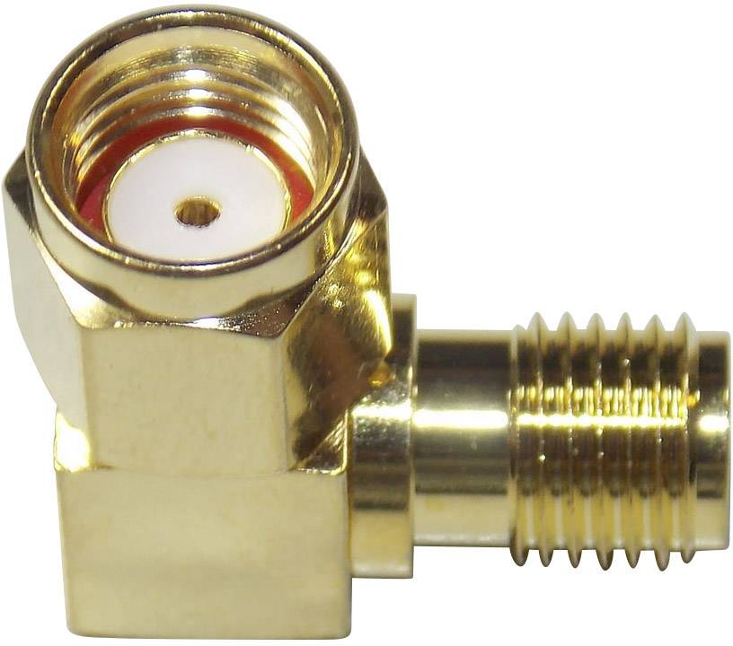 A golden right-angle adapter with male and female connections, commonly used for antenna and cable connections.