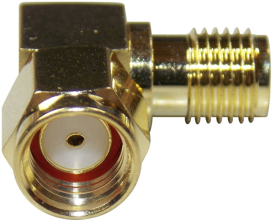 A gold-coloured right-angled adapter for coaxial cable with a male and female connection.