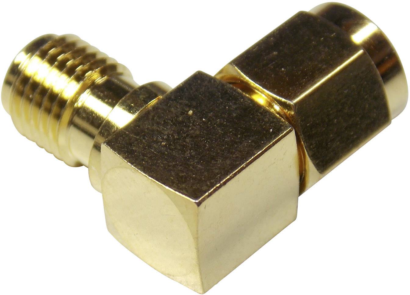 'Golden angled adapter with internal and external threads, suitable for connecting two different pipelines.'