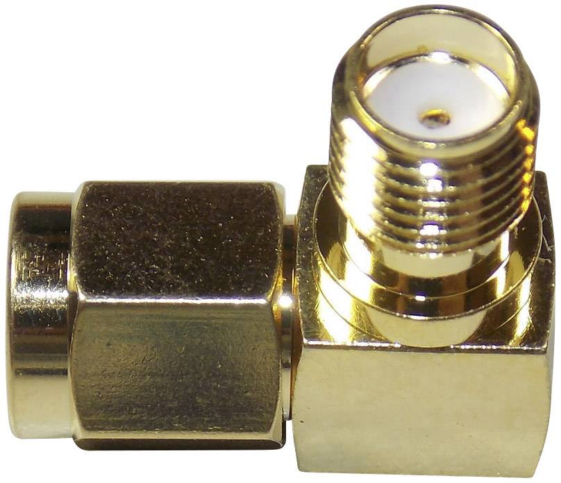'A golden coaxial adapter with a right-angled design, suitable for connecting electronic components.'