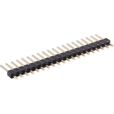 Row of pin headers in black and gold, used for electronic connections.