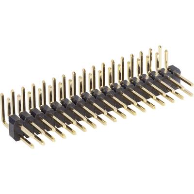Multi-pin electrical connector with gold-plated pins arranged in two rows, used for connecting electrical components.