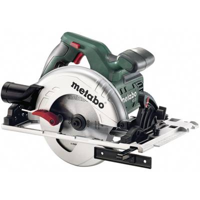 A green Metabo circular hand saw, with a silver saw blade and red safety switch, on a white background.