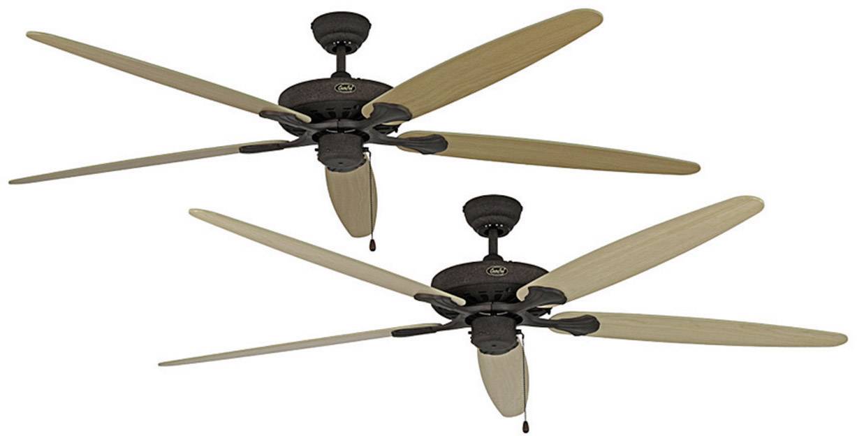 Two ceiling fans, each with five wooden blades. Fans are brown and have a classic aesthetic. Ideal for large rooms.