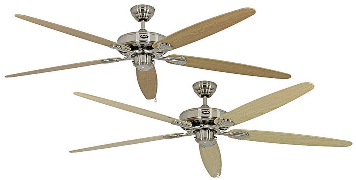 Two ceiling fans with gleaming metal elements and wooden blades, mounted on the ceiling.