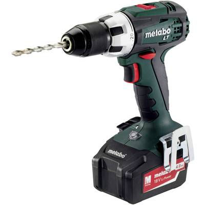 Cordless drill with drill bit, Metabo brand, 18 V, black and green housing, standing upright with battery attached.