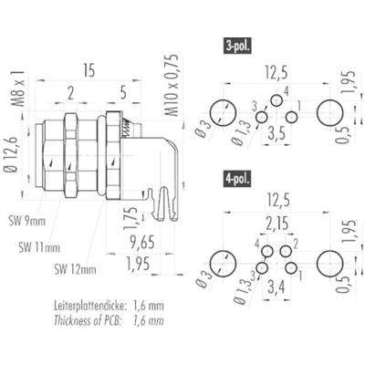'Technical drawing of a connector. Dimensions and distances specified. Circuit board thickness: 1.6 mm. Various views.'