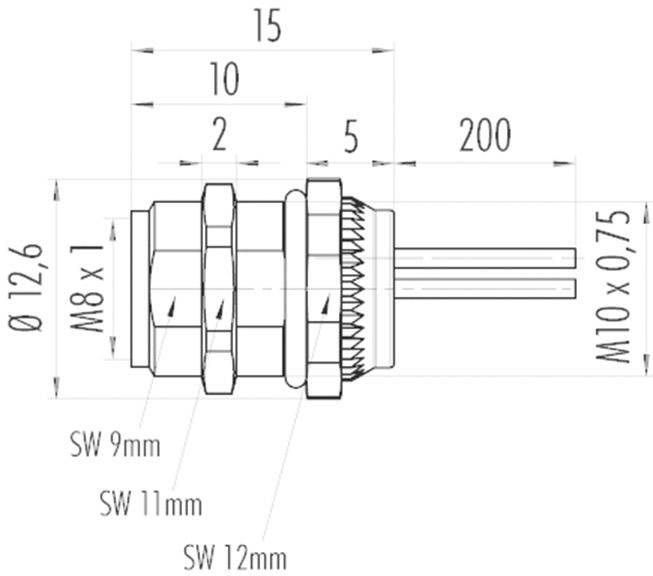 Technical drawing of a cylindrical connector with detailed dimensions, M8 x 1 thread, diameter 12.6 mm, thread length 200 mm.