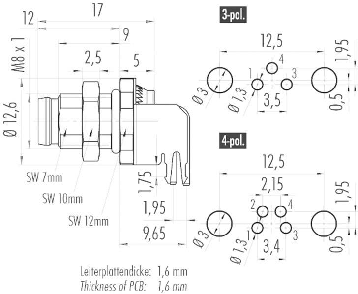 Technical drawing of a connector with dimensions and hole patterns for 3- and 4-pole variants. Printed circuit board thickness: 1.6 mm.
