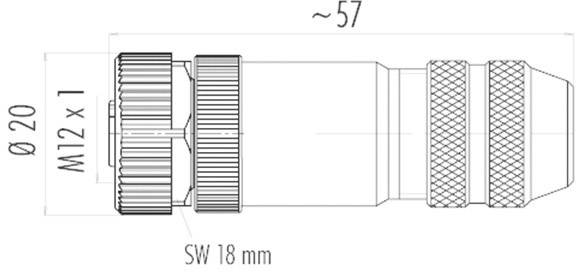 Technical drawing of a cylindrical connector with dimensions: diameter 20 mm, length ~57 mm, thread M12 x 1, spanner size 18 mm.