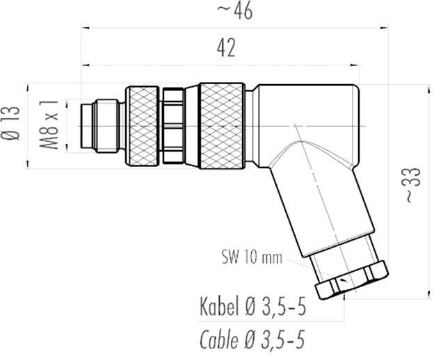 Technical drawing of an angled plug. Dimensions: Total length 46 mm, diameter 13 mm, cable diameter 3.5-5 mm.