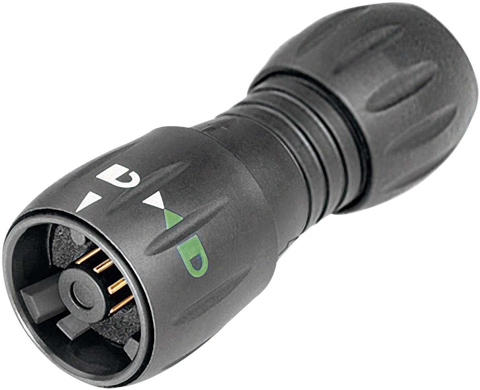 A black, cylindrical connector plug with multiple metal pins, used for data or power connections.
