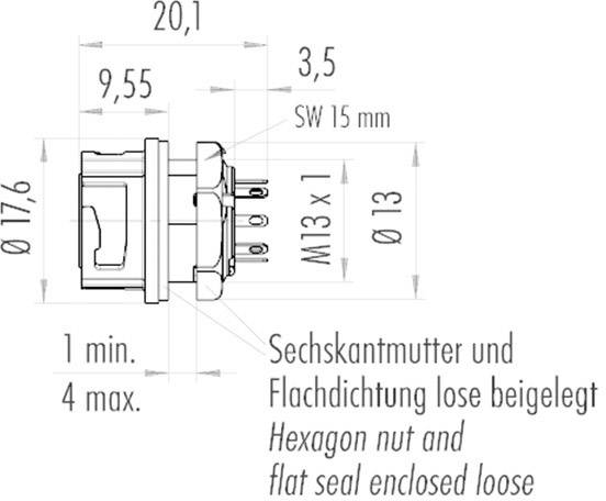 Technical drawing of an electrical connector with dimensions. Text: 'Hexagon nut and flat seal supplied loose'.