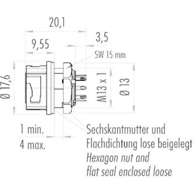 Technical drawing of an electrical connector with dimensions. Text: 'Hexagon nut and flat seal supplied loose'.