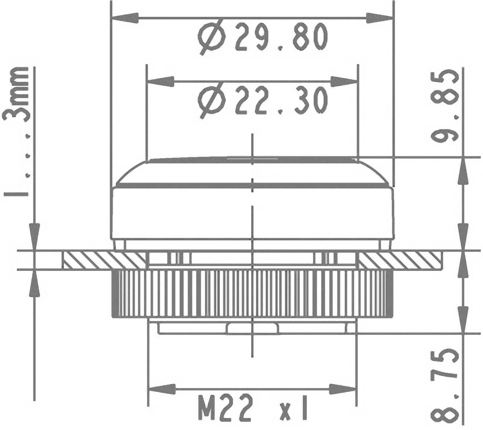 Technical drawing of a round push-button switch with M22 x 1 thread. Dimensions: diameter 29.80 mm, height 9.85 mm, mounting depth 8.75 mm.