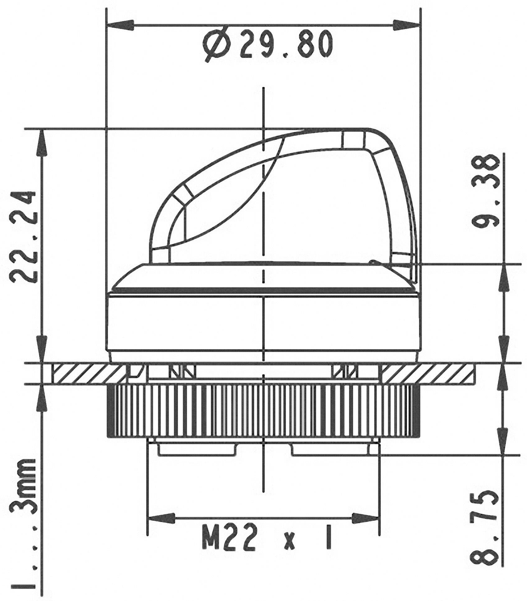 Technical drawing of a round push button switch with dimensions in millimetres: diameter 29.80, height 22.24 and mounting depth 8.75.