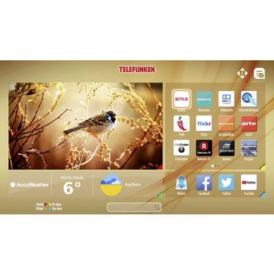 Smart TV screen displays weather information for Aachen (6°C, mostly cloudy) and app icons including Netflix, YouTube, Arte, and Facebook.