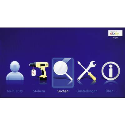 Blue screen with symbols for user, drill, magnifying glass, tools, and info. Text below: 'My eBay', 'Browse', 'Search', 'Settings', 'About...'.