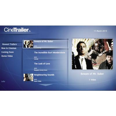 Screen view of a film trailer website. Listing of films such as 'Beware of Mr. Baker'. Menu with options like 'Latest Trailers'.