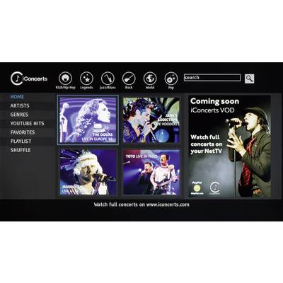 Screenshot of a music streaming interface with various artist options. Main menu on the left: Home, Artists, Genres. Advertisement for upcoming concerts on the right.
