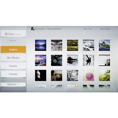Screen view of a photo gallery app with preview thumbnails in a grid. On the left, options such as 'Explore', 'My Photos', and 'Search' are listed.