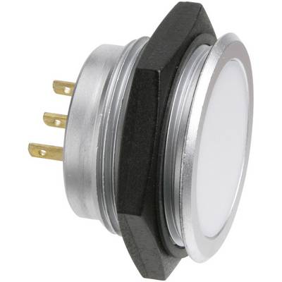 A rotary switch with a metal frame and four golden terminals. The switch has a white, round actuating button.